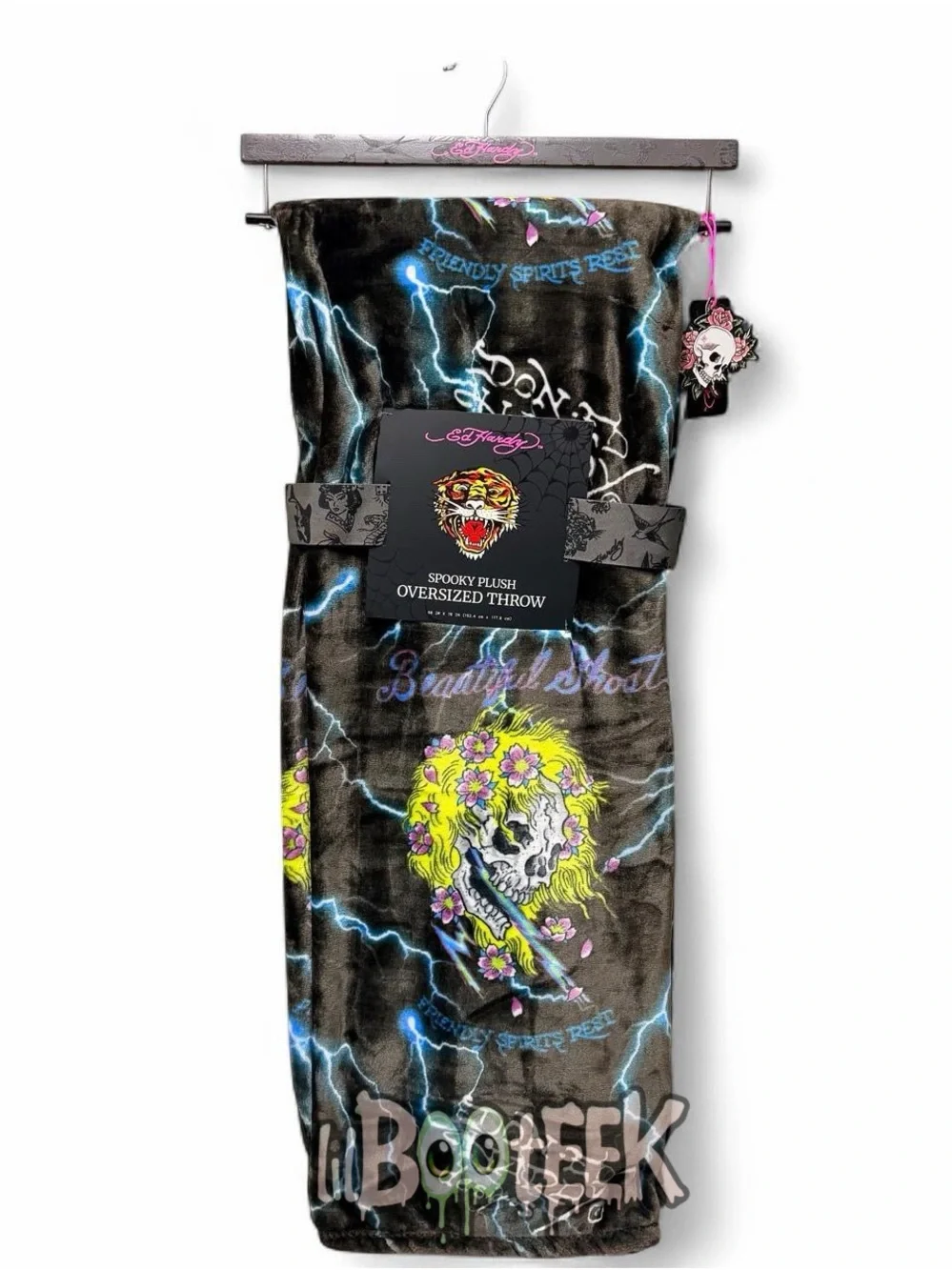 Ed Hardy Halloween Spooky Plush Oversized Throw Blanket Blue Lightning w Skulls